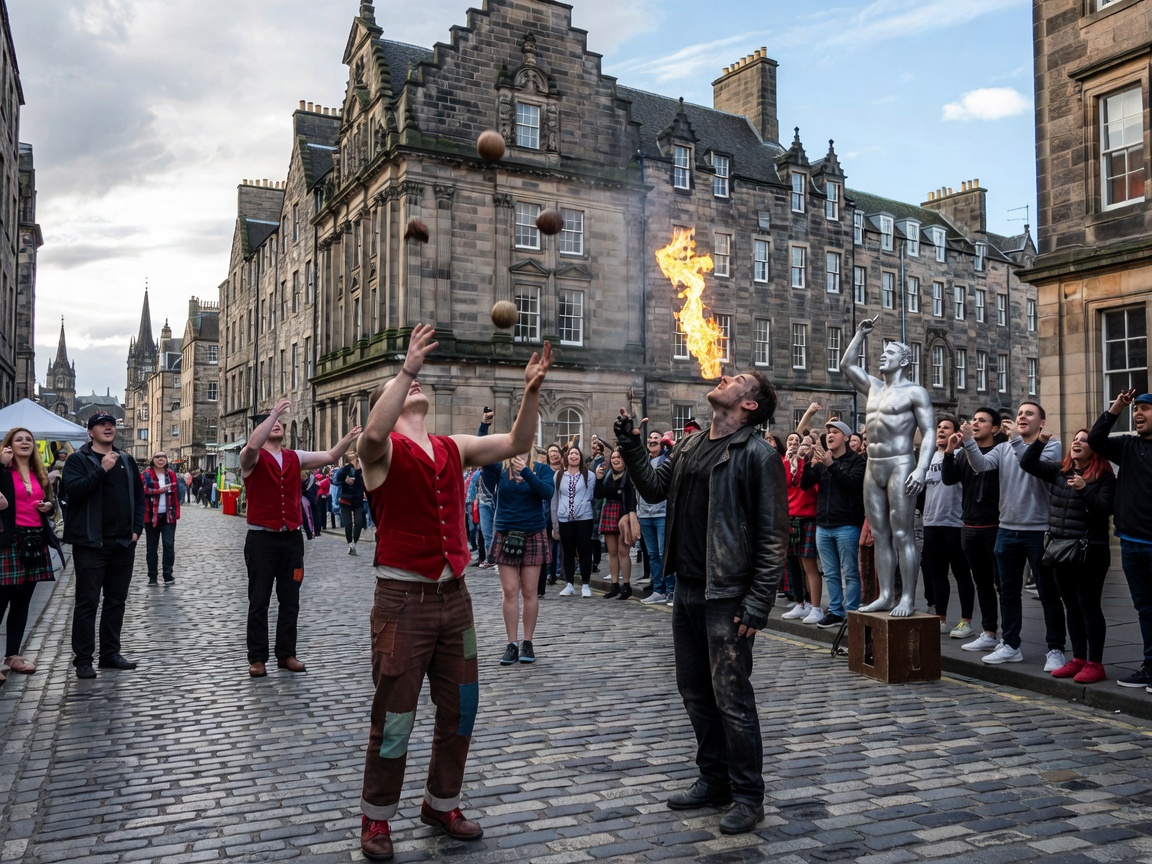 Edinburgh Royal Mile historic cobbled street with festival street performers