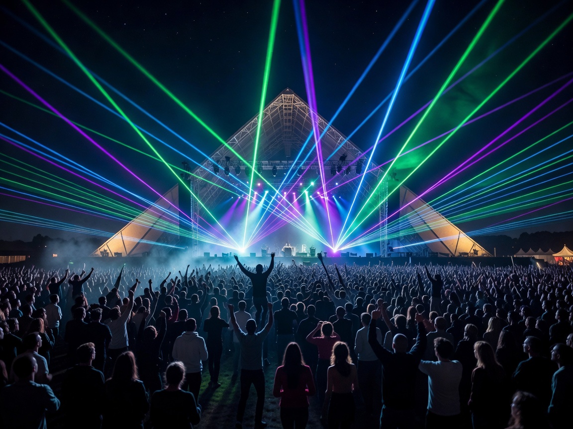 Traditional festival stage lit warmly during acoustic evening performance