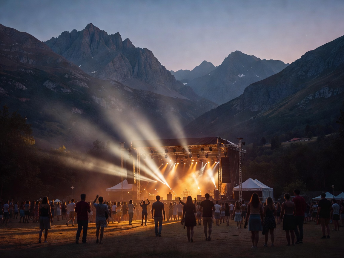 Mountain backdrop with warm evening stage lighting at Green Man Festival