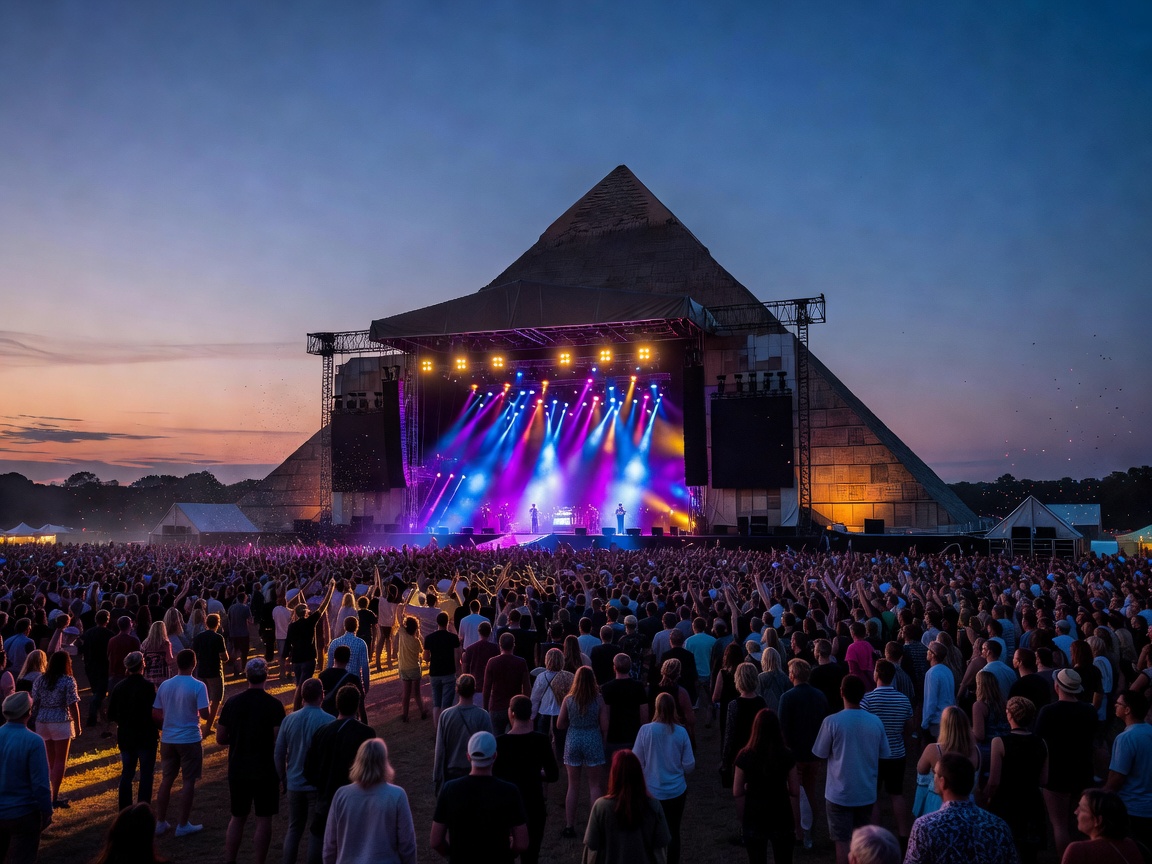 Pyramid Stage at Glastonbury Festival illuminated with crowd at dusk